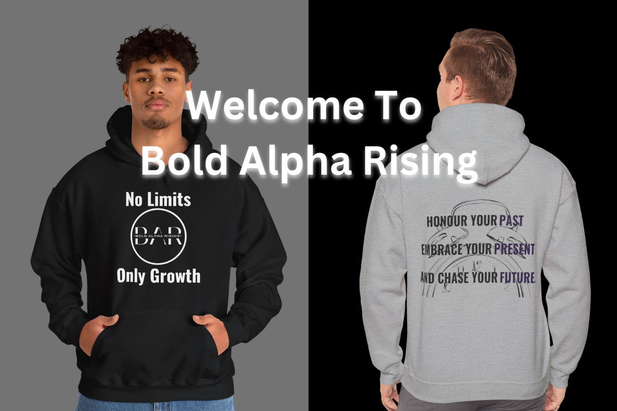 Welcome to Bold Alpha Rising – Main image featuring a split-screen showcasing two striking designs from our collection. On the left, a front-view design with the powerful quote 'No Limits, Only Growth,' centered around the BAR logo, symbolizing relentless ambition and progress. On the right, a rear-view hoodie displaying the inspiring message: 'Honour your past, embrace your present, and chase your future,' embodying a mindset of resilience and forward momentum. A dynamic visual representation of strength.