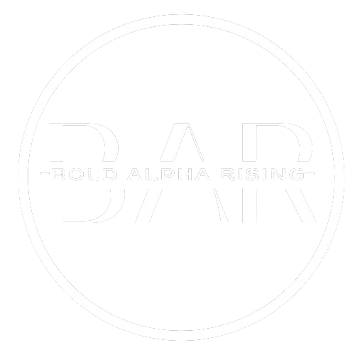 Bold Alpha Rising (BAR) logo in a clean white design with a transparent background. The logo embodies strength, resilience, and growth, making it versatile for various applications. The minimalist white design ensures adaptability across different backgrounds while maintaining a bold and empowering presence, representing the brand’s core values of ambition and perseverance.